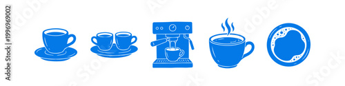 Set of blue coffee icons including espresso cups, coffee machine, and hot steaming beverages. Minimalist flat vector illustration for cafe menu and branding.