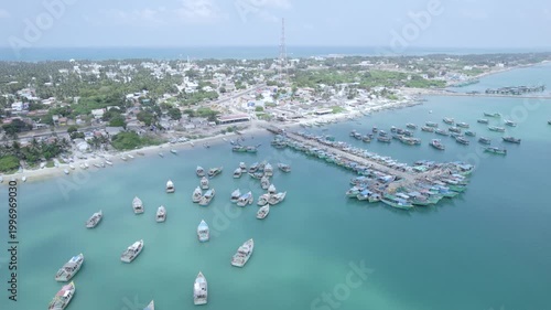 Drone View of Rameswaram Harbour with Colorful Fishing Boats Tamil Nadu Indi