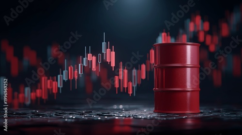 Red oil barrel with volatile market chart showing oil shock, energy crisis and global commodity price instability