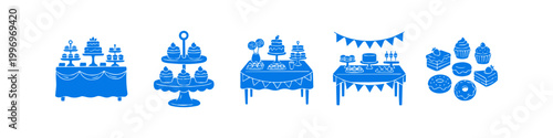 Set of blue flat icons featuring dessert tables, cake stands, cupcakes, donuts, and party treats for celebrations like birthdays and weddings.