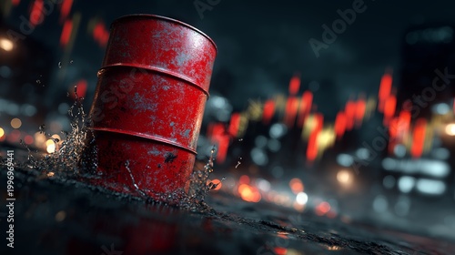Red oil barrel splashing on wet street with market chart showing oil shock, price surge, crisis and energy volatility
