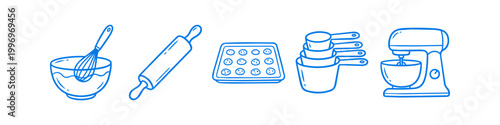Foto Set of blue hand-drawn baking icons including a whisk, rolling pin, cookie sheet, measuring cups, and stand mixer