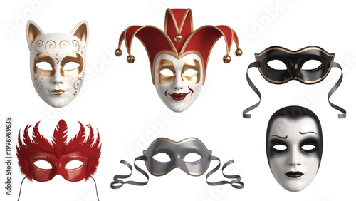 Collection of colorful venetian carnival masks with red and black designs Vector