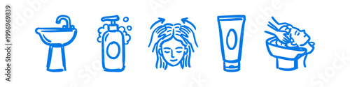 Set of blue hand-drawn icons depicting hair care steps, including washing, shampooing, and professional salon treatment. Minimalist sketches for hygiene and beauty routine instruction.