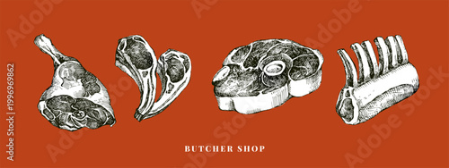 Hand drawn sketch meat butcher shop set. Vector vintage collage illustration. Menu poster design