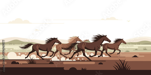 A black vector silhouette illustration of a wild mammal camel in the desert nature alongside a running stallion horse and a western cowboy