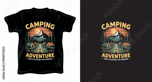 Camping adventure mountain landscape t-shirt design with forest and tents in retro vintage outdoor style.