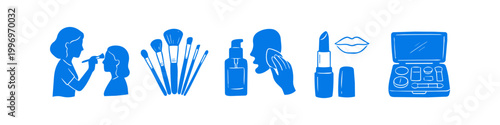 Blue minimalist makeup and beauty icons: makeup artist, brushes, skincare bottle, lipstick, and a cosmetic palette. Hand-drawn silhouette style vector illustrations on a white background.