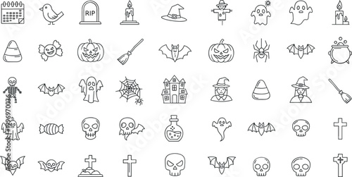 Bild auf Leinwand Halloween spooky line icons vector set ghost skull pumpkin bat witch haunted sym