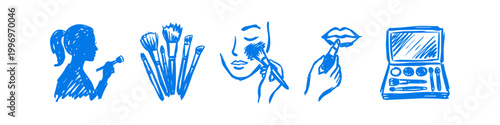 Set of hand-drawn blue sketches illustrating a makeup routine, including a woman's silhouette, cosmetic brushes, lipstick application, and an eyeshadow palette on a white background.