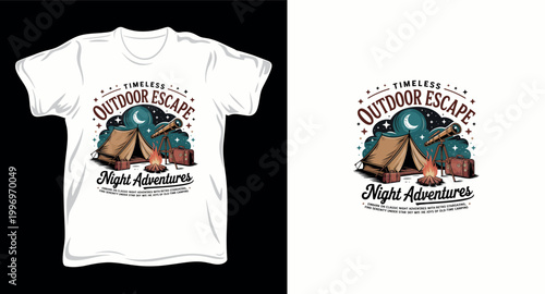 Timeless outdoor escape night adventures t-shirt design with camping tent campfire and telescope under moon.