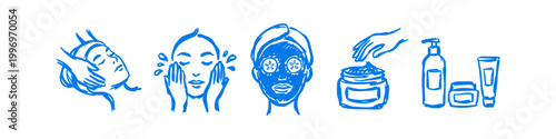 Hand-drawn blue ink sketches illustrating a complete skincare routine, including facial massage, washing, mask treatment, and product containers. Perfect for spa, beauty, and wellness themes.