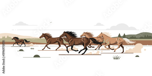 A black silhouette of wild camels and a western cowboy riding a horse across the Sahara desert sand under a sunset sky vector illustration