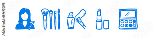 Collection of hand-drawn blue makeup icons featuring brushes, lipstick, foundation, and an eyeshadow palette. Minimalist sketch style ideal for beauty and cosmetic design projects.