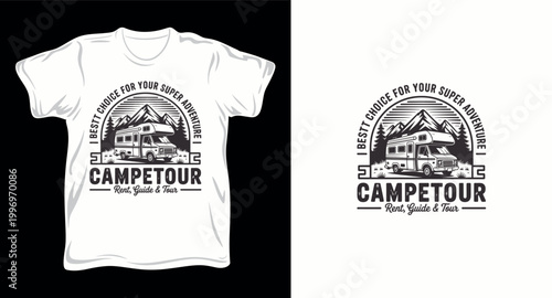 Retro motorhome camping badge for super adventure and mountain tourism.
