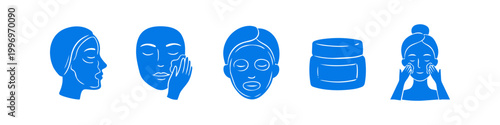 Set of blue skincare icons including face mask, eye patches, moisturizer jar, and cleansing steps. Perfect for beauty, wellness, and self-care concepts. Minimalist flat vector design.
