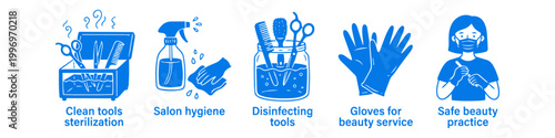 Blue and white vector icons illustrating salon hygiene practices, including tool sterilization, disinfecting, surface cleaning, wearing gloves, and safe beauty procedures with face masks.