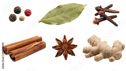 Fotografie Assorted spices and herbs collection on white background Vector