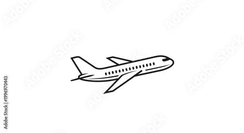 Airplane flying in the sky line art illustration. Commercial passenger jet plane icon for air travel and aviation design.