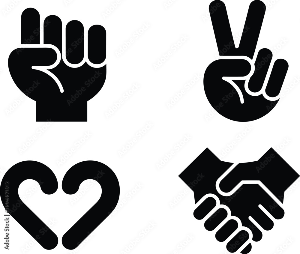 Fototapeta premium Fist Peace Sign Heart Handshake Icons Representing Solidarity Agreement Love Partnership