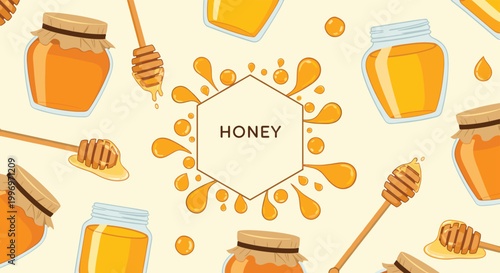 Repeating pattern featuring glass honey jars with lids and wooden dippers with dripping nectar on a light backdrop.