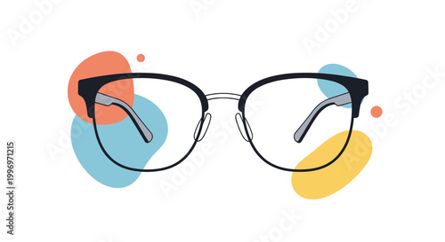 Stylish pair of eyeglasses with dark frames placed over colorful abstract pastel shapes on a white background.