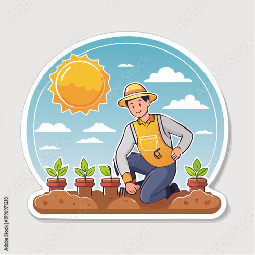 Gardener planting seedlings under the sun