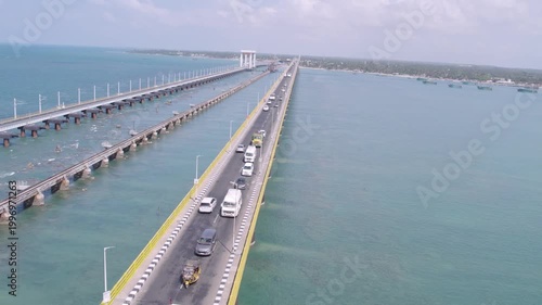 Wide Angle Drone Shot of Pamban Bridge Connecting Rameswaram Island India