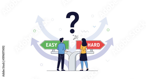 People standing at a crossroad contemplating between easy and hard paths under a large question mark icon in the sky.