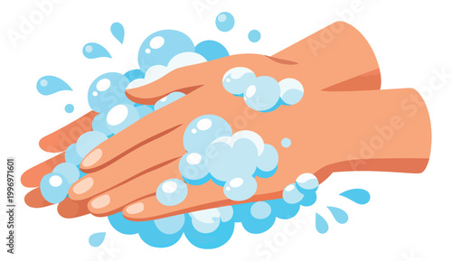 Cartoon illustration of hands depicting washing with soap and bubbles for hygiene and cleanliness