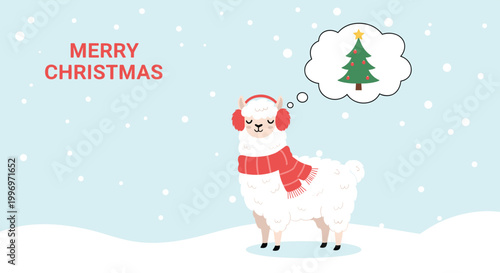 Cute white llama wearing a red scarf and earmuffs standing in the snow and thinking of a decorated Christmas tree.