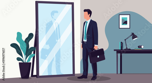 Professional businessman in a suit standing in his office and looking at his reflection in a tall full length mirror.