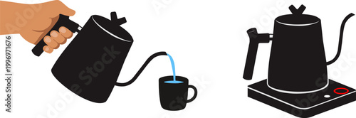 Electric kettle pouring hot water into a cup alongside a modern kitchen appliance setup.