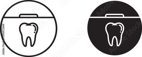 Dental floss container icons with tooth symbol shown in outline and solid black for dental hygiene.