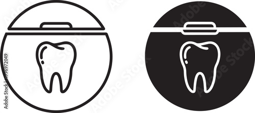 Dental floss icons featuring a tooth inside circular container for oral hygiene and daily care sets.