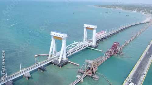 Aerial Shot of Railway Track Crossing Ocean on Pamban Rail Bridge India