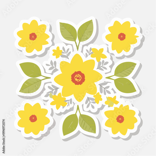 Yellow Flowers and Green Leaves Sticker Design