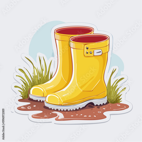 Yellow Rain Boots in Mud and Grass
