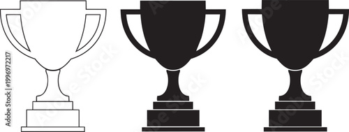 Trophy cup icons set in outline and silhouette styles for achievement winner awards sports business.
