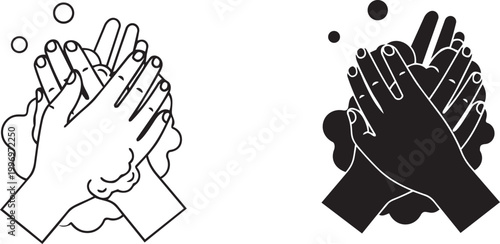 Washing hands with soap foam icons in linear and filled versions for hygiene health safety measures.