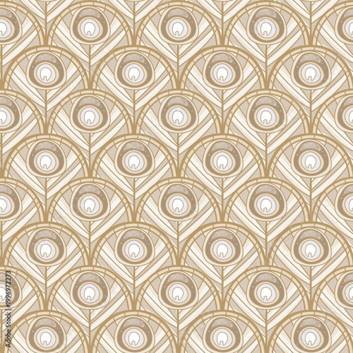 Modern Art Deco Peacock Feather Seamless Pattern: Elegant Geometric Fan Background in Muted Neutral Beige for Luxury Wallpaper and Sophisticated Branding
