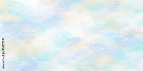 Abstract watercolor blue background featuring fluffy white clouds in a bright sunny sky with soft bokeh and clear summer light for a beautiful nature atmosphere