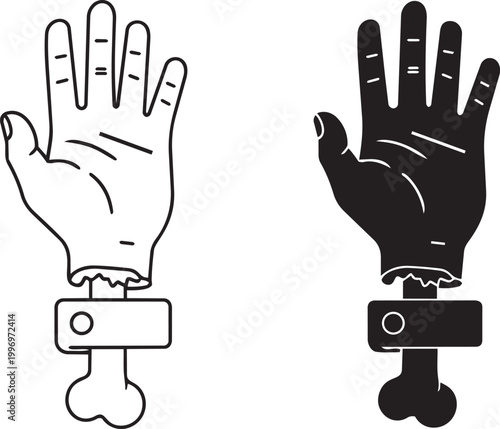 Zombie hand with bone and tracking bracelet icons for horror theme halloween scary spooky characters.