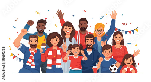 Colorful vector illustration of enthusiastic people celebrating a soccer game, featuring diverse characters cheering with raised hands against a white background sprinkled with confetti