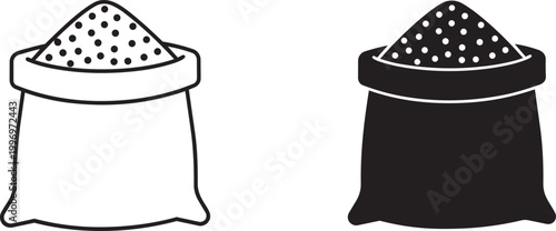 Sack of sugar or flour with granular texture, food ingredient icons in black and white outline.