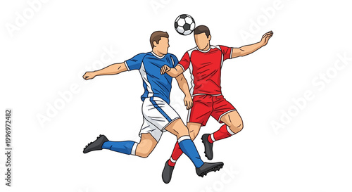 Dynamic vector art depicts two soccer players in red and blue uniforms competing for the ball during a soccer game, set against a clean white background with a modern, illustrative design