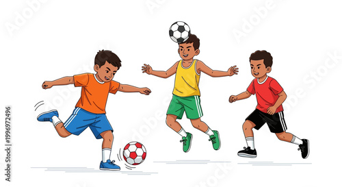 Colorful vector illustration featuring three soccer player characters in action, one kicking a soccer ball, another balancing it on their head, set against a clean white background