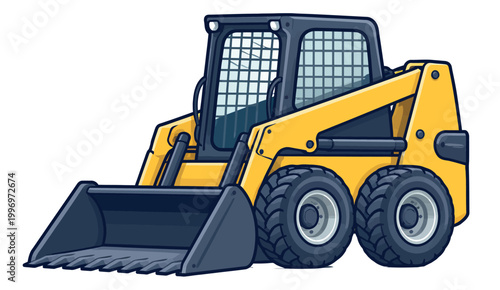 Cartoon illustration of a skid steer loader depicting essential construction equipment for industrial use
