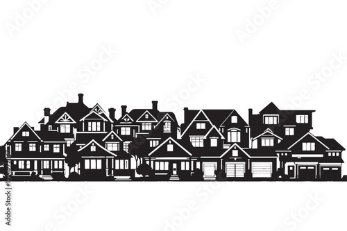Fotografía Suburban neighborhood silhouette vector, black and white residential houses row,