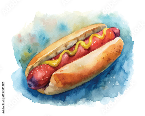 Watercolor Hotdog Icon, Fast Food Clipart, Isolated on White background